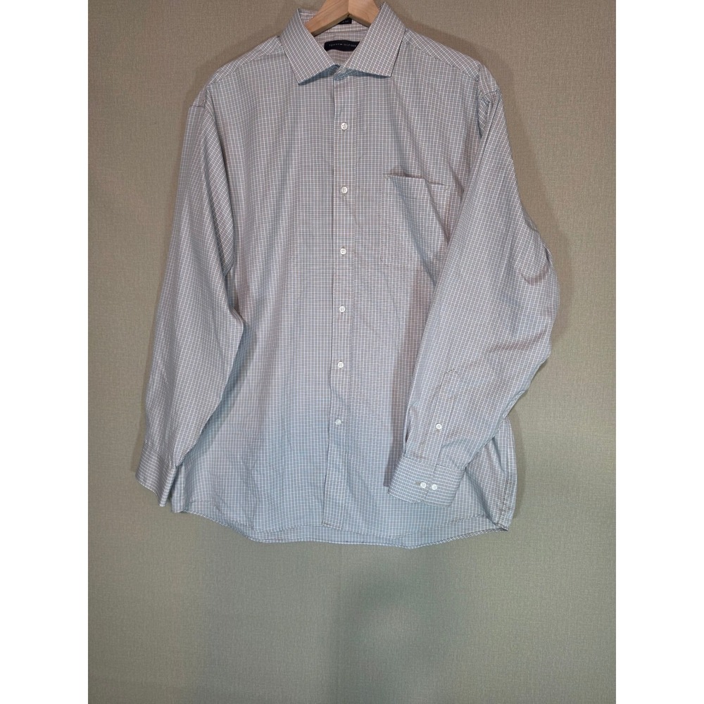 Tommy Hilfiger Mens Regular Fit Dress Shirt 16.5 34/35 Tan Blue Micro Check L